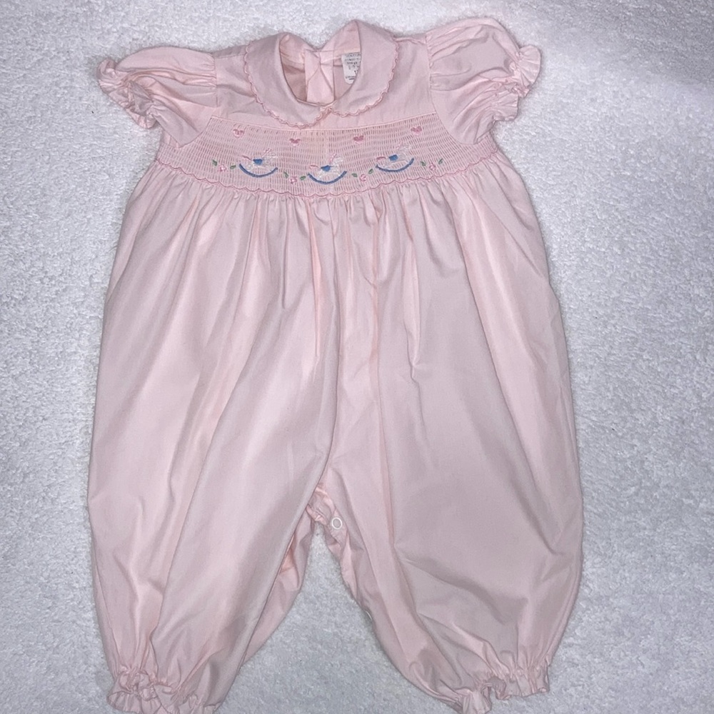 Vintage rocking horse smocked bubble romper 6/9m